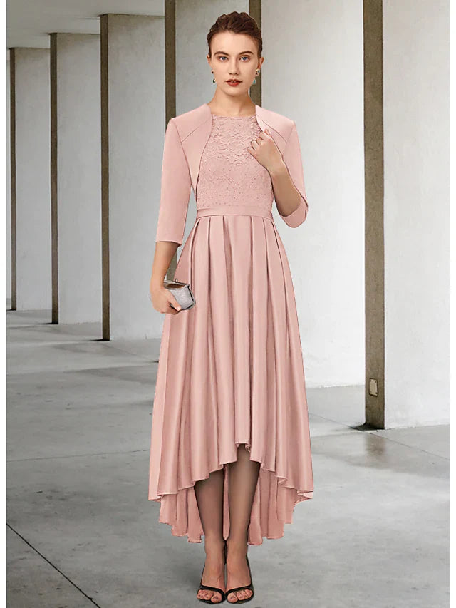 Wholesale Mother of the Bride Dress Elegant Vintage Jewel Neck Asymmetrical Lace Charmeuse 3/4 Length Sleeve with Sash Ribbon Pleats